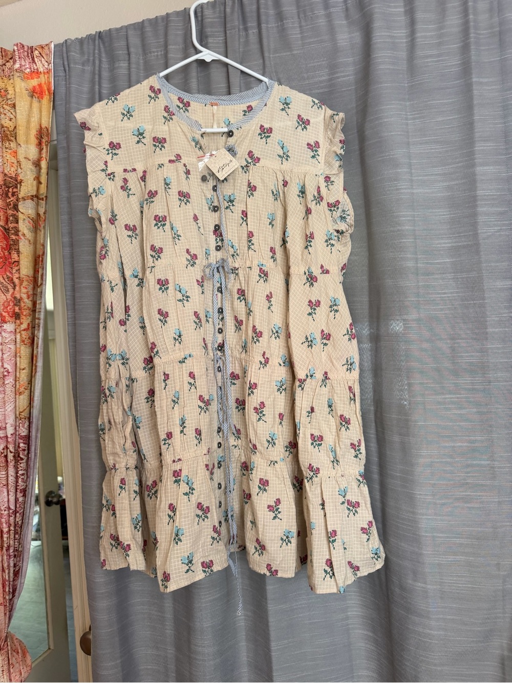 Free People Cream Mini Dress with Pink & Blue Floral Print